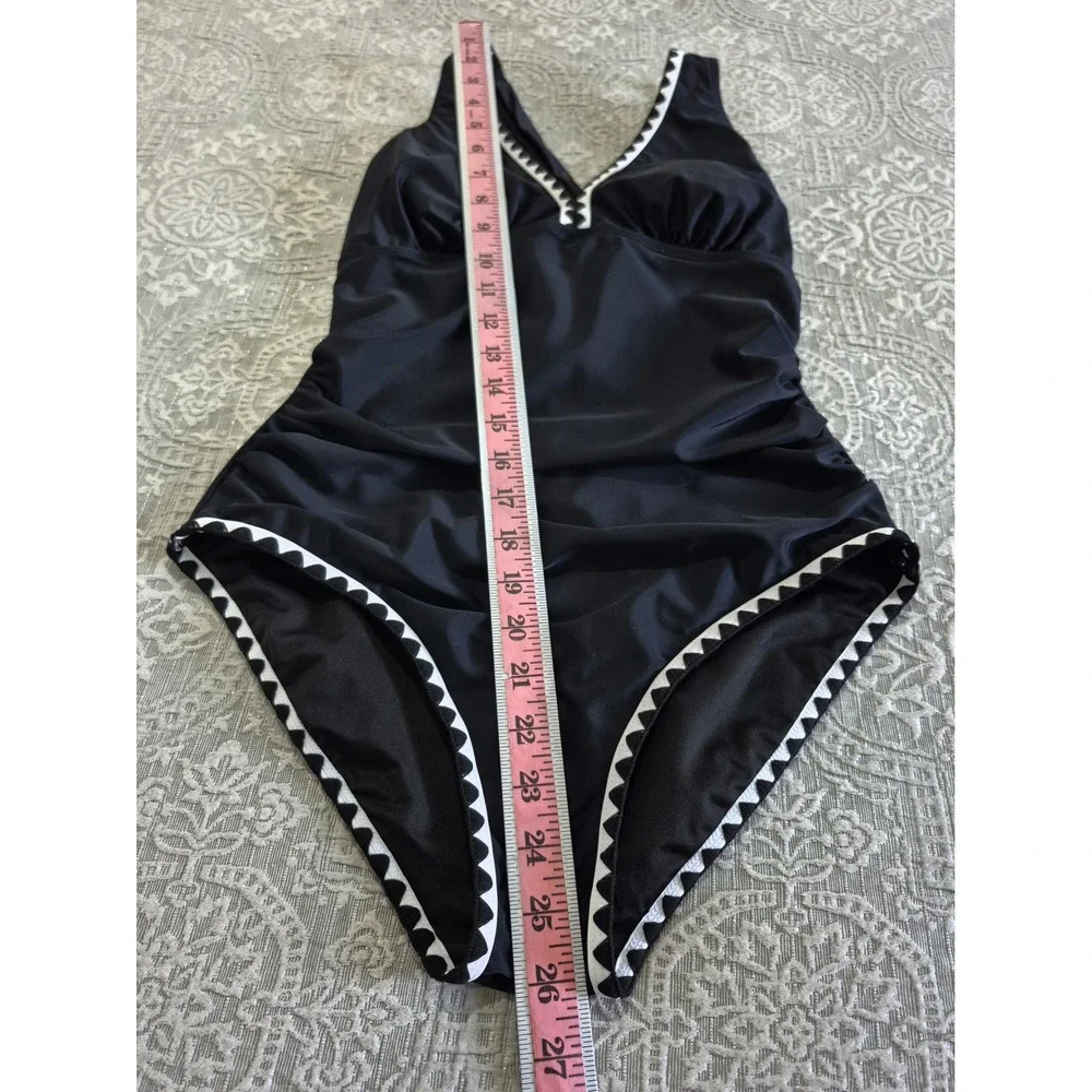 B2PRITY Womens One Piece Swimsuit Black Ric Rac Trim Ruched V-Neck Size M NWT - Picture 6 of 10